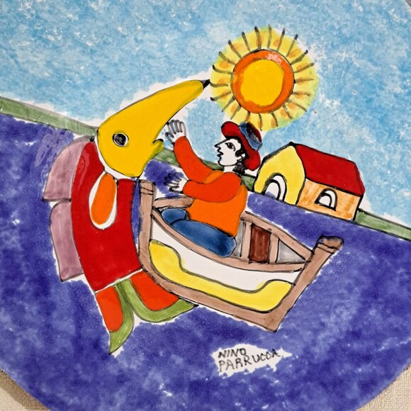 Nino Parrucca Pottery Modernist Plate 10.5" Made in Italy #214 Fisherman - Picture 4 of 9